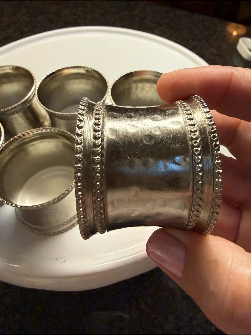 William Sonoma  Set of 6 Silver-Plated Napkin Rings Hand Hammered